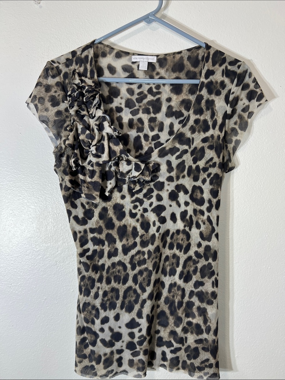 New York & Company Leopard Ruffle V-Neck Top - Black, Tan Sheer